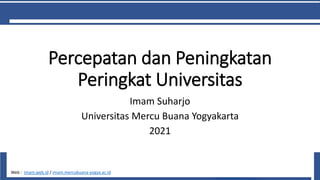 Percepatan dan Peningkatan
Peringkat Universitas
Imam Suharjo
Universitas Mercu Buana Yogyakarta
2021
Web : imam.web.id / imam.mercubuana-yogya.ac.id
 