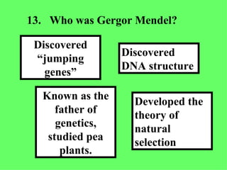 13. Who was Gergor Mendel? Developed the theory of natural selection Discovered DNA structure Known as the father of genetics, studied pea plants. Discovered “jumping genes” 