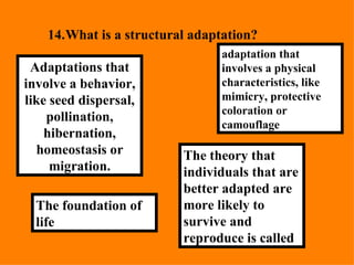 14. What is a structural adaptation? The theory that individuals that are better adapted are more likely to survive and reproduce is called adaptation that involves a physical characteristics, like mimicry, protective coloration or camouflage   The foundation of life Adaptations that involve a behavior, like seed dispersal, pollination, hibernation, homeostasis or migration. 