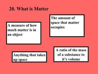 20.  What is Matter A ratio of the mass of a substance to it’s volume The amount of space that matter occupies Anything that takes up space A measure of how much matter is in an object 