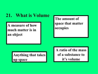 21. What is Volume A ratio of the mass of a substance to it’s volume The amount of space that matter occupies Anything that takes up space A measure of how much matter is in an object 