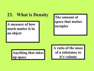 23. What is Density A ratio of the mass of a substance to it’s volume The amount of space that matter occupies Anything that takes up space A measure of how much matter is in an object 