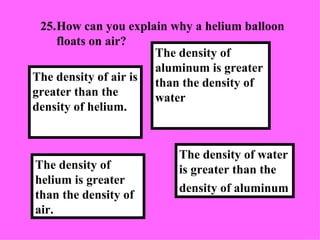 25. How can you explain why a helium balloon floats on air? The density of water is greater than the density of aluminum   The density of aluminum is greater than the density of water The density of helium is greater than the density of air. The density of air is greater than the density of helium. 