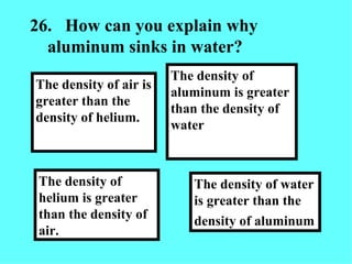 26. How can you explain why aluminum sinks in water?  The density of water is greater than the density of aluminum   The density of aluminum is greater than the density of water The density of helium is greater than the density of air. The density of air is greater than the density of helium. 