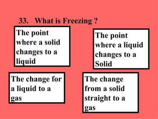33. What is Freezing ?  The change from a solid straight to a gas   The point where a liquid changes to a Solid The change for a liquid to a gas The point where a solid changes to a liquid 