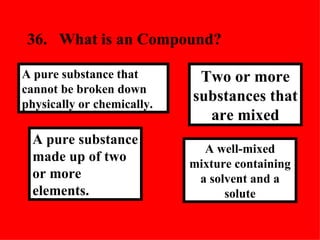 36. What is an Compound? A well-mixed mixture containing a solvent and a solute Two or more substances that are mixed A pure substance made up of two or more elements. A pure substance that cannot be broken down physically or chemically. 