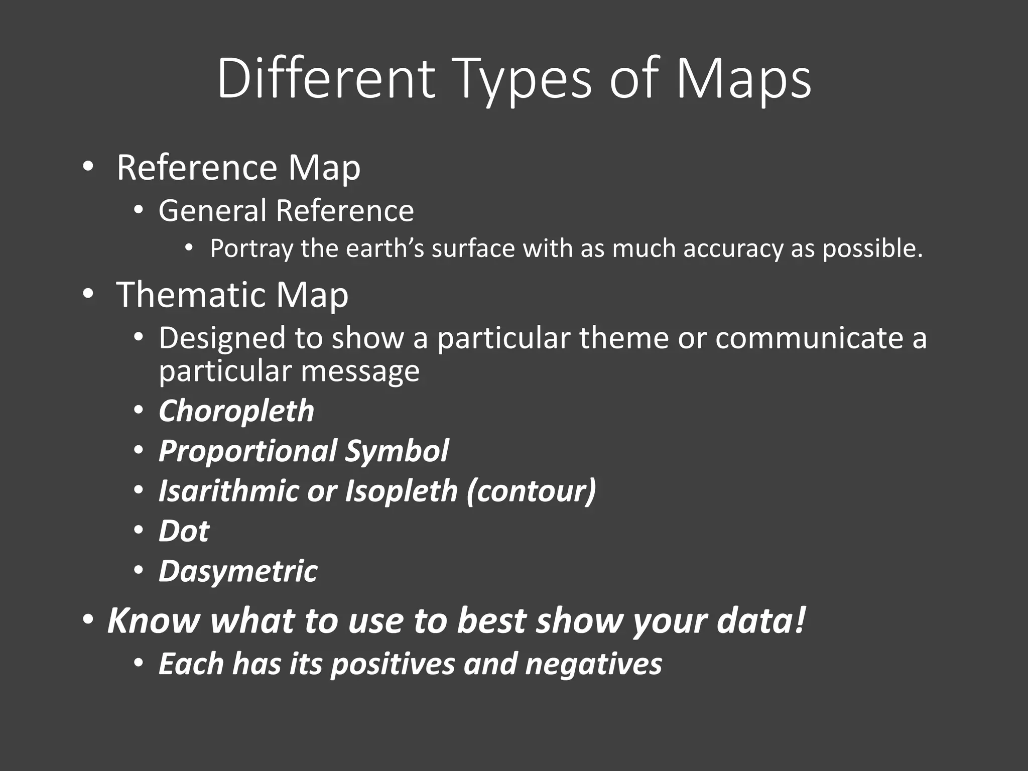Different Types of Maps
• Reference Map
• General Reference
• Portray the earth’s surface with as much accuracy as possible.
• Thematic Map
• Designed to show a particular theme or communicate a
particular message
• Choropleth
• Proportional Symbol
• Isarithmic or Isopleth (contour)
• Dot
• Dasymetric
• Know what to use to best show your data!
• Each has its positives and negatives
 