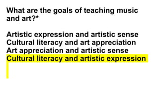 What are the goals of teaching music
and art?*
Artistic expression and artistic sense
Cultural literacy and art appreciation
Art appreciation and artistic sense
Cultural literacy and artistic expression
 
