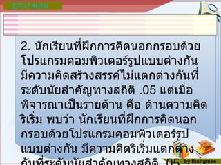 2.  นักเรียนที่ฝึกการคิดนอกกรอบด้วยโปรแกรมคอมพิวเตอร์รูปแบบต่างกัน มีความคิดสร้างสรรค์ไม่แตกต่างกันที่ระดับนัยสำคัญทางสถิติ  .05  แต่เมื่อพิจารณาเป็นรายด้าน คือ ด้านความคิดริเริ่ม พบว่า นักเรียนที่ฝึกการคิดนอกกรอบด้วยโปรแกรมคอมพิวเตอร์รูปแบบต่างกัน มีความคิดริเริ่มแตกต่างกันที่ระดับนัยสำคัญทางสถิติ  .05 