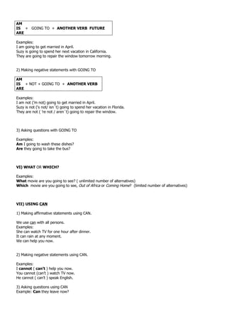 AM
IS + GOING TO + ANOTHER VERB FUTURE
ARE

Examples:
I am going to get married in April.
Suzy is going to spend her next vacation in California.
They are going to repair the window tomorrow morning.


2) Making negative statements with GOING TO

AM
IS + NOT + GOING TO + ANOTHER VERB
ARE

Examples:
I am not (’m not) going to get married in April.
Suzy is not (‘s not/ isn´t) going to spend her vacation in Florida.
They are not ( ’re not / aren´t) going to repair the window.



3) Asking questions with GOING TO

Examples:
Am I going to wash these dishes?
Are they going to take the bus?



VI) WHAT OR WHICH?

Examples:
What movie are you going to see? ( unlimited number of alternatives)
Which movie are you going to see, Out of Africa or Coming Home? (limited number of alternatives)



VII) USING CAN

1) Making affirmative statements using CAN.

We use can with all persons.
Examples:
She can watch TV for one hour after dinner.
It can rain at any moment.
We can help you now.


2) Making negative statements using CAN.

Examples:
I cannot ( can’t ) help you now.
You cannot (can’t ) watch TV now.
He cannot ( can’t ) speak English.

3) Asking questions using CAN
Example: Can they leave now?
 