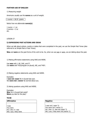 FURTHER USE OF ENGLISH

1) Measuring weight

Americans usually use the ounce as a unit of weight.

1 ounce = 28.35 grams

Notice how we abbreviate ounce(s):

1 ounce = 1 oz
2 ounces = 2 oz
etc.



LESSON 27

I) EXPRESSING PAST ACTIONS AND IDEAS

When we talk about actions, events or states that were completed in the past, we use the Simple Past Tense (also
referred to as Simple Past or Past Tense).

Was and were are the past forms of the verb to be. So, when we use was or were, we are talking about the past.



1) Making affirmative statements using WAS and WERE.

Use was with I, HE, SHE, and IT.
Use were with YOU(singular an plural), WE, and THEY.



2) Making negative statements using WAS and WERE.

Examples:
I was not (wasn´t) in Kuwait last year.
We were not ( weren´t) worried about you.


3) Asking questions using WAS and WERE.

Examples:
Was Jim in Kuwait last week?
Were you late for the play?

TO BE
Affirmative                                            Negative


I was                                                  I was not ( wasn´t)
You were                                               You were not ( weren´t)
He / she / it was                                      He / she / it was not (wasn´t)
We / you / they were                                   We / you / they were not (weren´t)
 