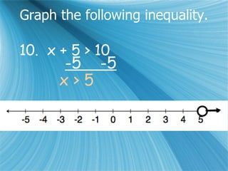 Graph the following inequality. 10.  x + 5 > 10 -5  -5 x > 5 