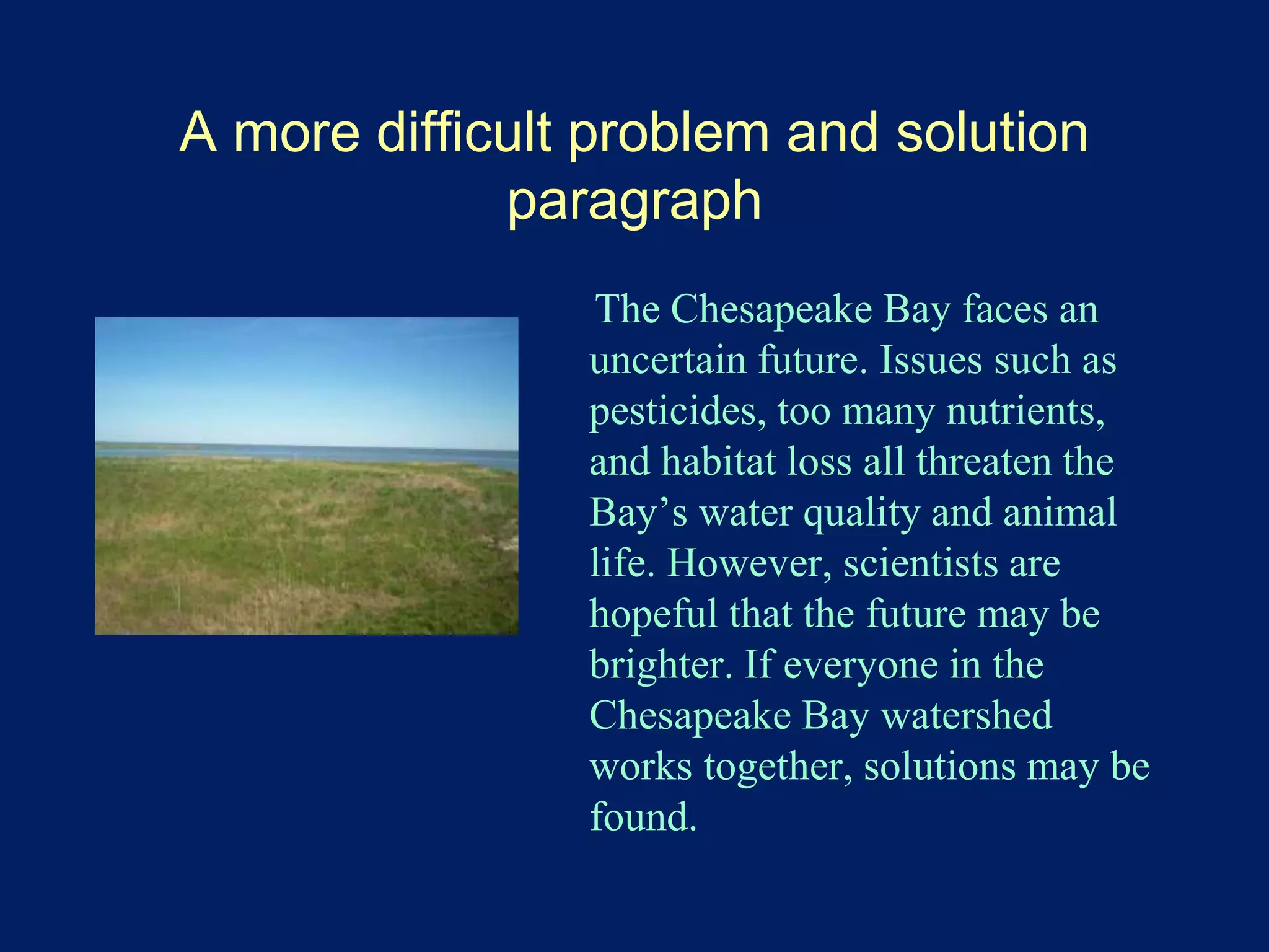 A more difficult problem and solution 
paragraph 
The Chesapeake Bay faces an 
uncertain future. Issues such as 
pesticides, too many nutrients, 
and habitat loss all threaten the 
Bay’s water quality and animal 
life. However, scientists are 
hopeful that the future may be 
brighter. If everyone in the 
Chesapeake Bay watershed 
works together, solutions may be 
found. 
 