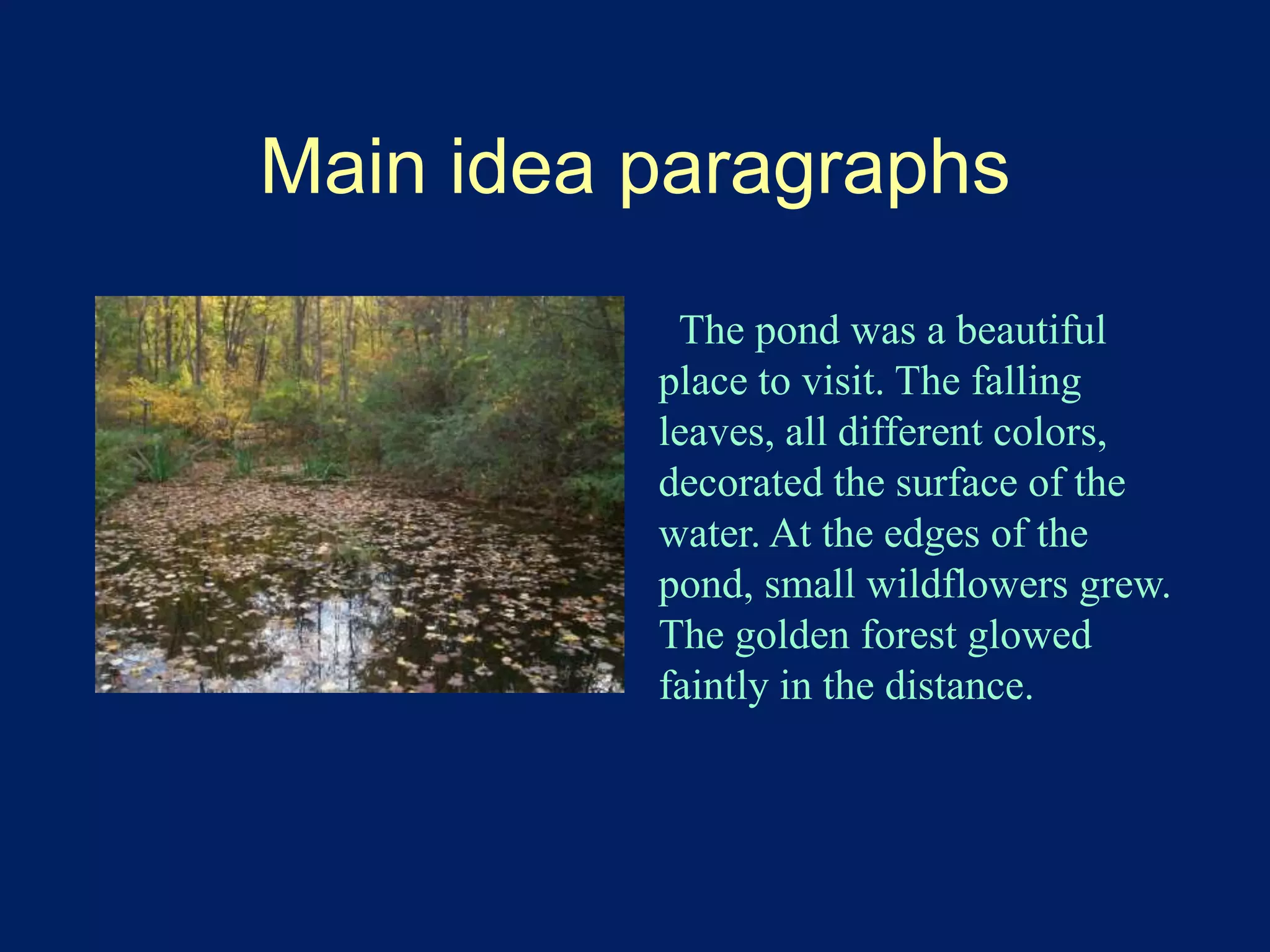 Main idea paragraphs 
The pond was a beautiful 
place to visit. The falling 
leaves, all different colors, 
decorated the surface of the 
water. At the edges of the 
pond, small wildflowers grew. 
The golden forest glowed 
faintly in the distance. 
 