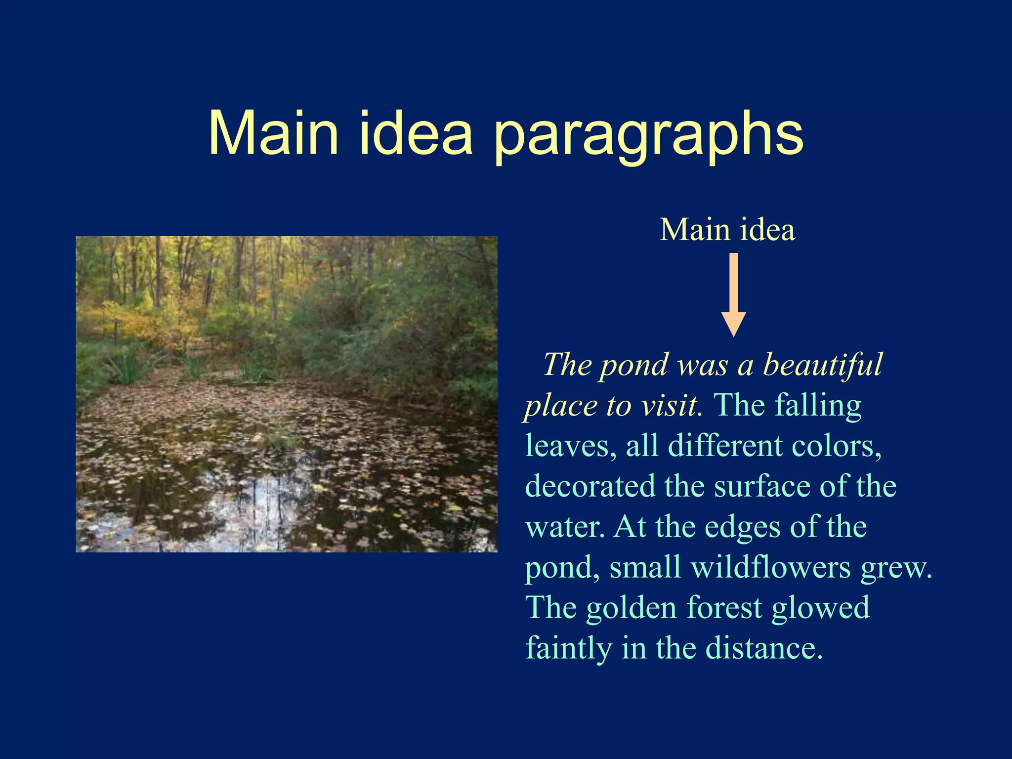 Main idea paragraphs 
Main idea 
The pond was a beautiful 
place to visit. The falling 
leaves, all different colors, 
decorated the surface of the 
water. At the edges of the 
pond, small wildflowers grew. 
The golden forest glowed 
faintly in the distance. 
 