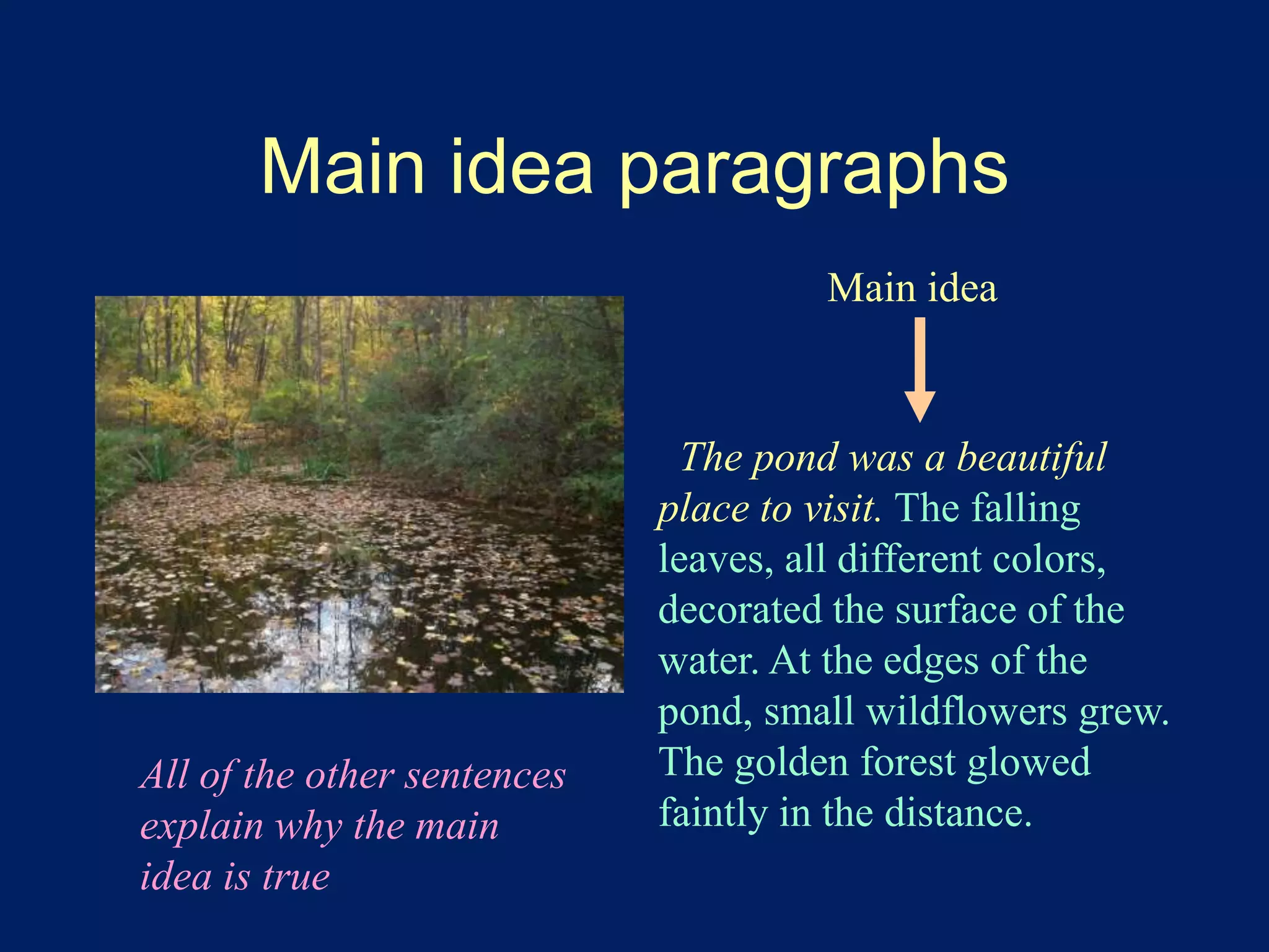 Main idea paragraphs 
Main idea 
The pond was a beautiful 
place to visit. The falling 
leaves, all different colors, 
decorated the surface of the 
water. At the edges of the 
pond, small wildflowers grew. 
The golden forest glowed 
faintly in the distance. 
All of the other sentences 
explain why the main 
idea is true 
 