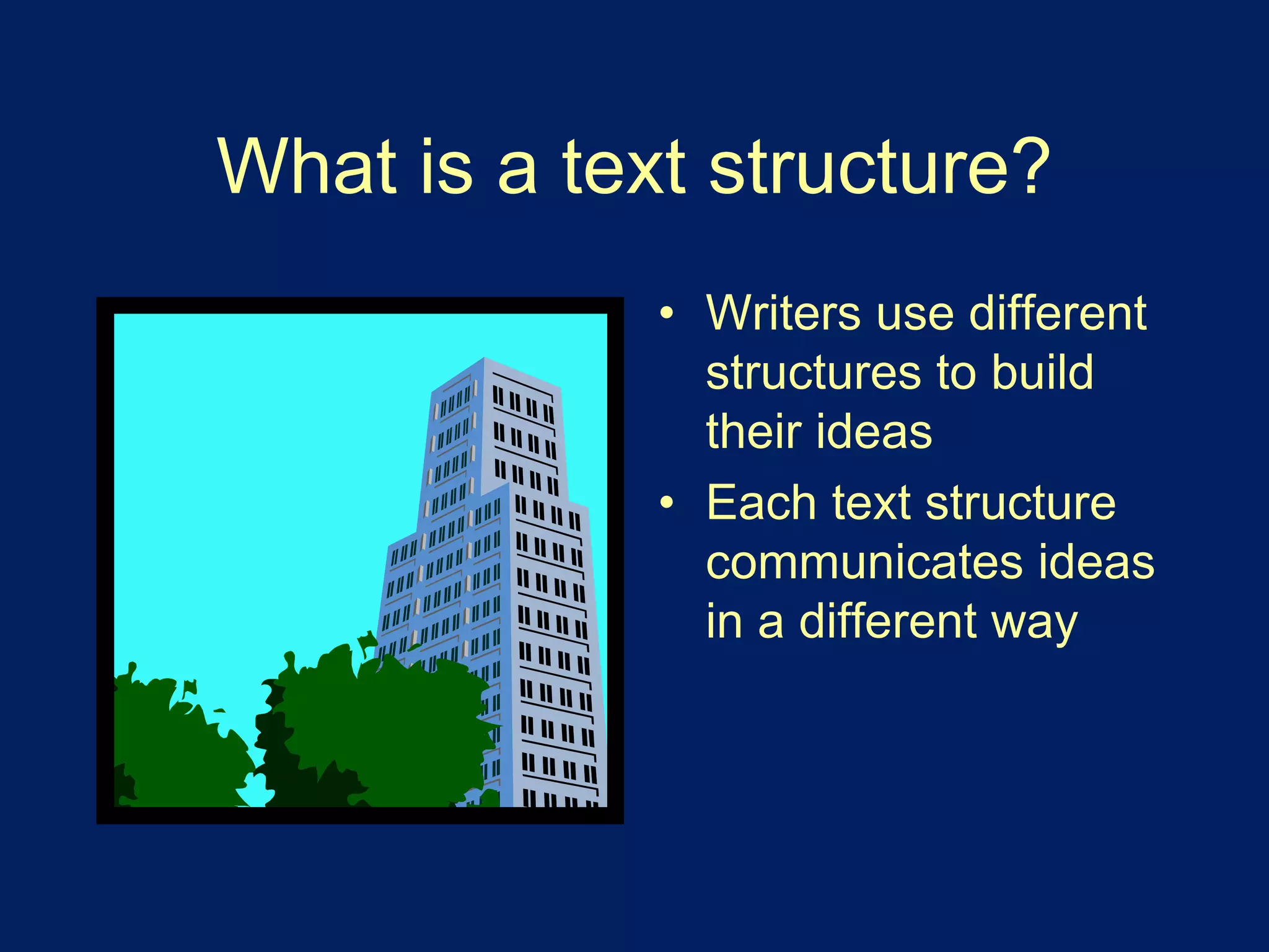 What is a text structure? 
• Writers use different 
structures to build 
their ideas 
• Each text structure 
communicates ideas 
in a different way 
 