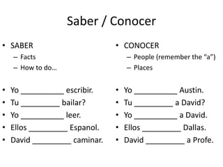 Saber / Conocer
• SABER
– Facts
– How to do…
• Yo __________ escribir.
• Tu _________ bailar?
• Yo __________ leer.
• Ellos _________ Espanol.
• David _________ caminar.
• CONOCER
– People (remember the “a”)
– Places
• Yo __________ Austin.
• Tu _________ a David?
• Yo __________ a David.
• Ellos _________ Dallas.
• David _________ a Profe.
 
