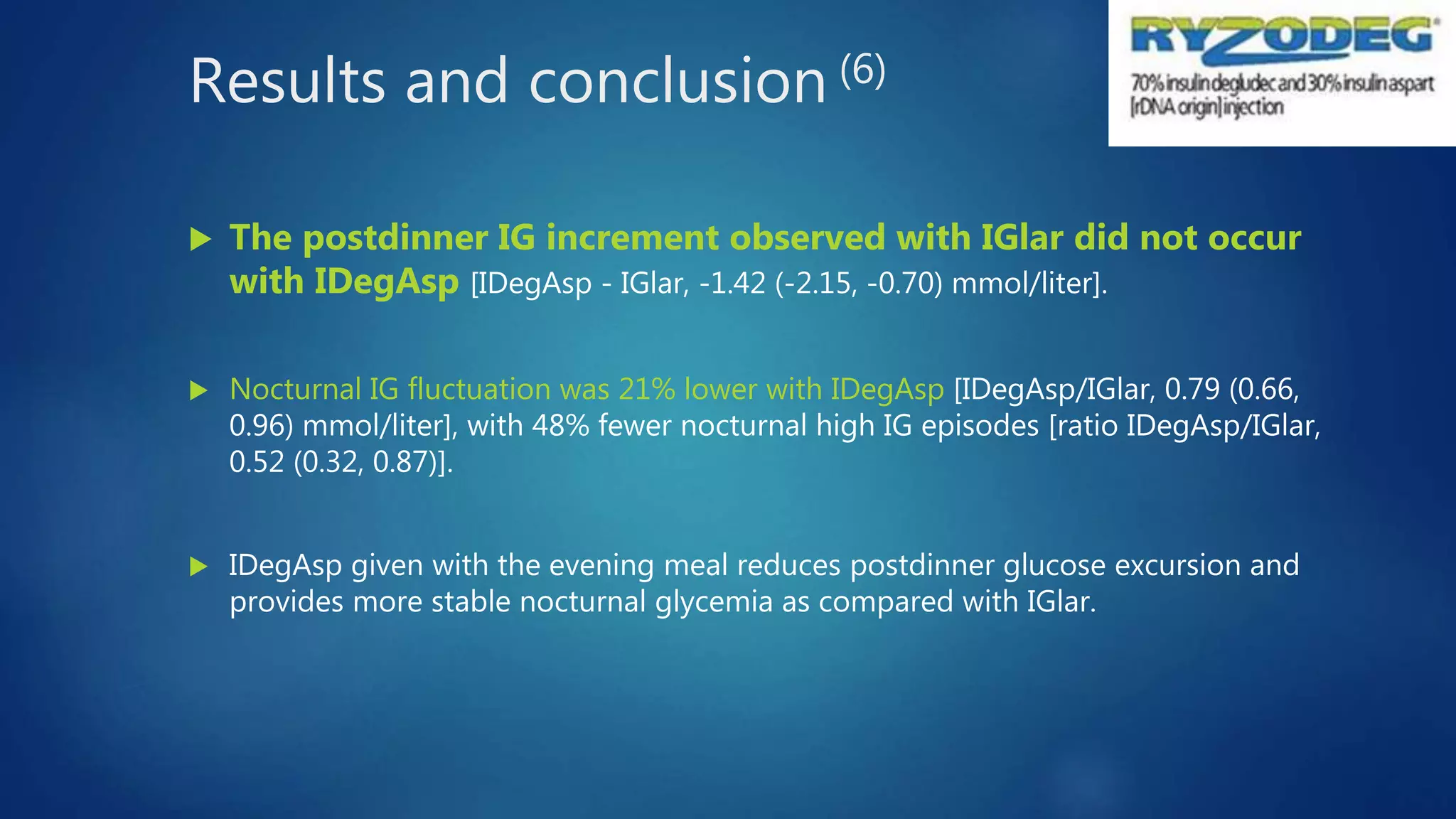 Results and conclusion (6)
 The postdinner IG increment observed with IGlar did not occur
with IDegAsp [IDegAsp - IGlar, -1.42 (-2.15, -0.70) mmol/liter].
 Nocturnal IG fluctuation was 21% lower with IDegAsp [IDegAsp/IGlar, 0.79 (0.66,
0.96) mmol/liter], with 48% fewer nocturnal high IG episodes [ratio IDegAsp/IGlar,
0.52 (0.32, 0.87)].
 IDegAsp given with the evening meal reduces postdinner glucose excursion and
provides more stable nocturnal glycemia as compared with IGlar.
 