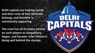 Delhi capitals are looking sturdy
and their crew of Asif, McGrath,
Sehwag, and Gambhir is
consistently appearing.
The crew...