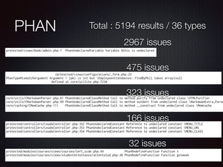 PHAN
protected/views/book/admin.php:7 PhanUndeclaredVariable Variable $this is undeclared
Total : 5194 results / 36 types
2967 issues
/protected/views/configurations/_form.php:22
PhanTypeMismatchArgument Argument 1 (pk) is int but EmployeeAttendances::findByPk() takes array|null
defined at core/yiilite.php:7230
475 issues
core/utils/CMarkdownParser.php:81 PhanUndeclaredClassMethod Call to method purify from undeclared class HTMLPurifier
core/utils/CMarkdownParser.php:99 PhanUndeclaredClassMethod Call to method outdent from undeclared class MarkdownExtra_Parse
core/caching/CMemCache.php:111 PhanUndeclaredClassMethod Call to method __construct from undeclared class Memcache
323 issues
protected/controllers/LeadsController.php:352 PhanUndeclaredConstant Reference to undeclared constant MENU_TITLE
protected/controllers/LeadsController.php:353 PhanUndeclaredConstant Reference to undeclared constant MENU_URL
protected/controllers/LeadsController.php:354 PhanUndeclaredConstant Reference to undeclared constant MENU_CLASS
protected/modules/courses/views/courses/left_side.php:49 PhanRedefineFunction Function t
protected/modules/courses/views/studentAttentance/attentstud.php:30 PhanRedefineFunction Function getweek
166 issues
32 issues
 
