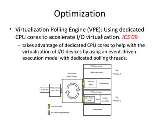 Optimization
• Virtualization Polling Engine (VPE): Using dedicated
  CPU cores to accelerate I/O virtualization. ICS’09
 ...