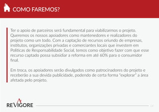 04
Ter o apoio de parceiros será fundamental para viabilizarmos o projeto.
Queremos os nossos apoiadores como mantenedores e realizadores do
projeto como um todo. Com a captação de recursos oriundo de empresas,
institutos, organizações privadas e comerciantes locais que investem em
Políticas de Responsabilidade Social, temos como objetivo fazer com que esse
recurso captado possa subsidiar a reforma em até 60% para o consumidor
ﬁnal.
Em troca, os apoiadores serão divulgados como patrocinadores do projeto e
receberão a sua devida publicidade, podendo de certa forma “explorar” a área
afetada pelo projeto.
COMO FAREMOS?COMO FAREMOS?
 