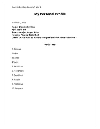 Jhonnie Revillas: Personal Profile and Career Aspirations in MS Word | DOCX
