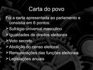 Carta do povo
Foi a carta apresentada ao parlamento e
  consistia em 6 pontos:
 Sufrágio universal masculino
 Igualdades de direitos eleitorais
 Voto secreto
 Abolição do censo eleitoral
 Remunerações das funções eleitorais
 Legislações anuais
 