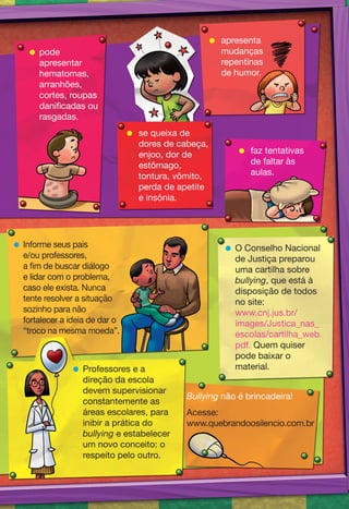  apresenta
     pode                                          mudanças
      apresentar                                    repentinas
      hematomas,                                    de humor.
      arranhões,
      cortes, roupas
      danificadas ou
      rasgadas.
                                 se queixa de
                                  dores de cabeça,
                                  enjoo, dor de           faz tentativas
                                  estômago,                de faltar às
                                  tontura, vômito,         aulas.
                                  perda de apetite
                                  e insônia.




 Informe seus pais                                    O Conselho Nacional
  e/ou professores,                                     de Justiça preparou
  a fim de buscar diálogo                               uma cartilha sobre
  e lidar com o problema,                               bullying, que está à
  caso ele exista. Nunca                                disposição de todos
  tente resolver a situação                             no site:
  sozinho para não                                      www.cnj.jus.br/
  fortalecer a ideia de dar o                           images/Justica_nas_
  “troco na mesma moeda”.                               escolas/cartilha_web.
                                                        pdf. Quem quiser
                                                        pode baixar o
                Professores e a                        material.
                 direção da escola
                 devem supervisionar
                                             Bullying não é brincadeira!
                 constantemente as
                 áreas escolares, para       Acesse:
                 inibir a prática do         www.quebrandoosilencio.com.br
                 bullying e estabelecer
                 um novo conceito: o
                 respeito pelo outro.
 