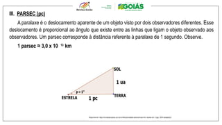 III. PARSEC (pc)
A paralaxe é o deslocamento aparente de um objeto visto por dois observadores diferentes. Esse
deslocamento é proporcional ao ângulo que existe entre as linhas que ligam o objeto observado aos
observadores. Um parsec corresponde à distância referente à paralaxe de 1 segundo. Observe.
1 parsec ≈ 3,0 x 10 13
km
Disponível em: https://mundoeducacao.uol.com.br/fisica/unidades-astronomicas.htm. Acesso em: 2 ago. 2024 (adaptado).
 