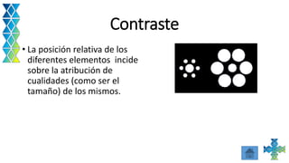 Contraste
• La posición relativa de los
diferentes elementos incide
sobre la atribución de
cualidades (como ser el
tamaño) de los mismos.
 