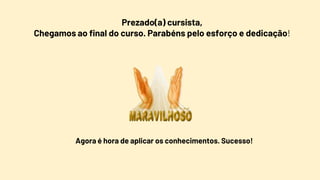 Prezado(a) cursista,
Chegamos ao final do curso. Parabéns pelo esforço e dedicação!
Agora é hora de aplicar os conhecimentos. Sucesso!
 