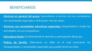 BENEFICIARIOS
 Alumnos en general del grupo: Aprendieron a convivir con sus compañeros
con necesidades especiales y disfrutarán más las clases.
 Alumnos con necesidades educativas especiales: Integrándolos a todas las
actividades con sus compañeros.
 Educadora titular: Facilitándosele la atención y participación del grupo.
 Padres de familia: Obtuvieron un taller en el cual conocieron las
discapacidades y necesidades especiales que pueden tener los niños.
 