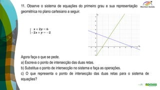 ).
11. Observe o sistema de equações do primeiro grau e sua representação
geométrica no plano cartesiano a seguir.
Agora faça o que se pede.
a) Escreva o ponto de intersecção das duas retas.
b) Substitua o ponto de intersecção no sistema e faça as operações.
c) O que representa o ponto de intersecção das duas retas para o sistema de
equações?
 