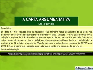 A CARTA ARGUMENTATIVA
                                          um exemplo
Caro Leitor,
Eu disse no mês passado que as novidades que marcam nosso aniversário de 15 anos não
tinham se encerrado na edição extra de setembro — capa “Diabete” — e na caixa de CDS com a
coleção completa da SUPER — dois produtaços que estão nas bancas. E é verdade. Tem muita
coisa bacana vindo por aí. Livros, DVDS, um almanaque maravilhoso. Mais a possibilidade de
assinar já as 12 edições mensais de Mundo estranho e seis edições especiais da SUPER para
2003. Enfim: prepare o seu coração para tudo que a gente está aprontando para você.
Diretor de Redação
       Adaptado de: http://www.scielo.br/scielo.php?script=sci_arttext&pid=S0101-32622004000200006
 