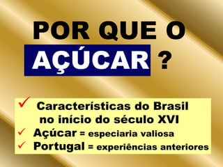 POR QUE O AÇÚCAR ?Características do Brasil no início do século XVI Açúcar = especiaria valiosa