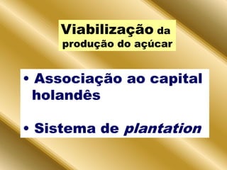Portugal = experiências anterioresViabilização da produção do açúcar Associação ao capital holandês Sistema de plantationHolandeses:Refino e distribuição pela EuropaCompanhia das Índias OcidentaisMaior parte dos lucros