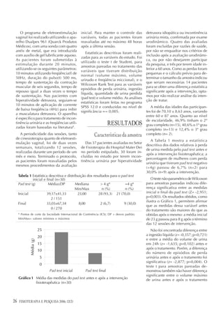 O programa de eletroestimulação                inicial. Para manter o controle das        detrusora idiopática ou incontinência
 vaginal foi realizado utilizando o apa-           variáveis, todas as pacientes foram        urinária mista, confirmada por exame
 relho Dualpex 961 (Quarck Produtos                reavaliadas até no máximo 48 horas         urodinâmico. Quatro das avaliadas
 Médicos), com uma sonda com quatro                após a última sessão.                      foram excluídas por razões de saúde,
 anéis de metal, que era introduzida                                                          por não se enquadrar nos critérios de
                                                      Estatísticas descritivas foram reali-
 com auxílio de gel lubrificante aquoso.                                                      inclusão após a avaliação urodinâmi-
                                                   zadas para as variáveis do estudo. Foi
 As pacientes foram submetidas à                                                              ca, ou por não desejarem participar
                                                   utilizado o teste t de Student, para
 estimulação durante 20 minutos,                                                              da pesquisa, e três por terem idade in-
                                                   amostras pareadas no tratamento das
 utilizando-se os seguintes parâmetros:                                                       ferior a 60 anos. Como as perdas foram
                                                   variáveis que tiveram distribuição
 10 minutos utilizando freqüência(f) de                                                       pequenas e o cálculo prévio para de-
                                                   normal (volume máximo, volume
 50Hz, duração do pulso(t) 500 ms,                                                            terminar o tamanho da amostra indicou
                                                   urinado e freqüência miccional), e o
 tempo de sustentação da contração                                                            que seriam necessárias 14 pacientes
                                                   Wilcoxon Rank Test para as variáveis
 muscular de seis segundos, tempo de                                                          para se obter uma diferença estatística
                                                   episódios de perda urinária, ingestão
 repouso igual a duas vezes o tempo                                                           significante após a intervenção, opta-
                                                   líquida, quantidade de urina perdida
 de sustentação. Nas pacientes com                                                            mos por não realizar análise da inten-
                                                   (pad test) e volume médio. As análises
 hiperatividade detrusora, seguiam-se                                                         ção de tratar.
                                                   estatísticas foram feitas no programa
 10 minutos de aplicação de corrente
                                                   SPSS 12.0 e conduzidas no nível de            A média das idades das participan-
 de baixa freqüência (4Hz) para inibir
                                                   significância ∝= 0,005.                    tes foi de 70,10 ± 8,63 anos, variando
 a musculatura detrusora. O aparelho
                                                                                              entre 60 e 87 anos. Quanto ao nível
 é específico para tratamento de incon-
                                                                                              de escolaridade, 46,9% tinham o 2º
 tinência urinária e as freqüências utili-
 zadas foram baseadas na literatura8.
                                                                       RESULTADOS             grau completo (n=15), 40,6% o 1º grau
                                                                                              completo (n=13) e 12,4% o 3º grau
    A periodicidade das sessões, tanto                       Características da amostra       completo (n= 2).
 de cinesioterapia quanto de eletroesti-
                                                                                                 A Tabela 1 mostra a estatística
 mulação vaginal, foi de duas vezes                   Das 37 pacientes avaliadas no Setor
                                                                                              descritiva dos dados relativos à perda
 semanais, totalizando 12 sessões,                 de Fisioterapia do Hospital Mater Dei
                                                                                              de urina medida pelo pad test antes e
 realizadas durante um período de um               no período estipulado, 30 foram in-
                                                                                              após a intervenção fisioterapêutica; a
 mês e meio. Terminado o protocolo,                cluídas no estudo por terem incon-
                                                                                              percentagem de mulheres com perda
 as pacientes foram reavaliadas pelos              tinência urinária por hiperatividade
                                                                                              urinária que tiveram pad test negativo
 mesmos procedimentos da avaliação
                                                                                              (=4g) passou de 6,7% (n=2) para
                                                                                              30,0% (n=9) após a intervenção.
     Tabela 1 Estatística descritiva e distribuição dos resultados para o pad test
               inicial e final (n=30)                                                            O teste não-paramétrico de Wilcoxon
     Pad test (g)         Média±DP           Mediana         > 4 g*         =4 g*             para amostras pareadas indicou dife-
                                             Min/Max          n (%)         n (%)             rença significativa entre as medidas
     Inicial             39,17±41,33          23,00        28 (93,3) 21 (70,0)                inicial e final do pad test (Z= -2,951;
                                                                                              p=0,003). Os resultados obtidos, como
                            2 / 151
                                                                                              ilustra o Gráfico 1, permitem afirmar
     Final               33,03±67,34           8,00         2 (6,7)        9 (30,0)
                                                                                              que as medidas dessa variável antes
                            0 / 270                                                           do tratamento são maiores do que as
     * Pontos de corte da Sociedade Internacional de Continência (ICS); DP = desvio padrão;   obtidas após o mesmo: a média inicial
     Min/Max= valores mínimos e máximos                                                       de 23 g passou para 8 g após o término
                                                                                              das 12 sessões de intervenção.
                          25                                                                     Não foi encontrada diferença entre
                                                                                              a ingestão líquida (z= -0,357; p=0,721)
                          20
                                                                                              e entre a média do volume de urina
              Média (g)




                          15                                                                  em 24h (z= -1,635; p=0,102) antes e
                                                                                              após o tratamento. Porém, a diferença
                          10
                                                                                              do número de episódios de perda
                          5                                                                   urinária antes e após o tratamento foi
                                                                                              significativa (z= -2,877; p=0,004). O
                          0                                                                   teste t para amostras pareadas de-
                               Pad test inicial
                               Pad       inicial     Pad test final
                                                      Pad test final                          monstrou também não haver diferença
                                                                                              significante entre o volume máximo
     Gráfico 1 Média das medidas do pad test antes e após a intervenção                       de urina antes e após o tratamento
               fisioterapêutica (n=30)




26   FISIOTERAPIA E PESQUISA 2006; 12(3)
 