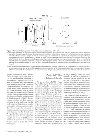 MIE
                                                                         MID                             240
                                               MARCHA a 1,1 m/s                                                          CINEMÁTICA
                               800             (padrão normal)




                                                                            Deslocamento anterior (cm)
                                           f        g
                                                                                                                                 MI
                                      90%
                                                                                                         120
                   FVRRS (N)




                               400                                                                                             MIE         a
                                     h
                                                                                                                         b
                                                    i

                                                                e                                                                MID
                                                c
                                     10%       b                                                          0
                                0                                                                          - 60                  0                - 60
                                                a                   d                                       Lateral          Linha média       Lateral
                                                    Tempo (s)                                                     Oscilação médio-lateral (cm)


 Figura 1 Representação do padrão normal das variáveis da marcha a 1,1 m/s
 1a Variáveis temporais: a. tempo da passada (duração entre contato inicial de um dos pés para o próximo contato inicial do
    calcanhar do mesmo pé); b. tempo do passo (contato inicial do calcanhar de um dos pés até o próximo contato inicial do
    calcanhar do pé oposto); c. tempo de contato (contato do pé até sua retirada da superfície); d. tempo de duplo apoio (duração
    do suporte corporal por ambos os pés); e. tempo de apoio simples (momento em que o corpo está apoiado em apenas um dos
    pés); Variáveis cinéticas são representadas pelas letras: f. primeiro pico de força (que representa o impacto do pé com o solo); g.
    segundo pico de força (que representa a propulsão do corpo para frente); h. taxa de aceitação de peso (taxa de variação da
    inclinação na primeira metade da curva de força em função do tempo; i. impulso (integral da curva de força em função do
    tempo).
 1b MIE = Membro Inferior Esquerdo; MID = Membro Inferior Direito. Variáveis cinemáticas: a. comprimento da passada (distância
    percorrida do contato inicial de um dos pés até o próximo contato inicial do calcanhar do mesmo pé); b. comprimento do passo
    (distância percorrida do contato inicial do calcanhar de um dos pés até o próximo contato inicial do calcanhar do pé oposto).


 que foi a velocidade média descrita
 como “fisiológica” para o paciente. O
                                                                           Padrões da FVRRS                                    de força). O terço central da curva,
                                                                                                                               em forma de um vale, corresponde ao
 cálculo da velocidade de coleta foi                                    e do Centro de Pressão                                 momento em que apenas um dos pés
 realizado pela equação Vm = ∆S/∆t,                                                                                            está em contato com o solo (apoio
 após o indivíduo ter caminhado em                         No que se refere à FVRRS – Força                                    simples), enquanto o membro contra-
 linha reta num espaço de 20 metros.                    Vertical Resultante de Reação do Solo                                  lateral se encontra em fase de balanço
 Esse procedimento repetiu-se por três                  –, foram analisadas as variáveis tem-                                  (“fase aérea”). Por fim, há um segundo
 vezes, sendo obtida a média aritmé-                    porais, cinemáticas e cinéticas como:                                  incremento da força, representando o
 tica dessas tentativas. Todas as etapas                tempo da passada, tempo do passo,                                      momento de propulsão do corpo para
 do procedimento experimental, como                     tempo de contato, tempo de duplo                                       frente (segundo pico de força).
 coletas, tratamentos e análises dos da-                apoio, tempo de apoio simples, ca-
 dos, foram realizados no Laboratório                   dência, comprimento da passada,                                           Os valores do centro de pressão (CP)
 de Biodinâmica da UNIVAP. O expe-                      comprimento do passo, primeiro pico                                    fornecem as informações advindas dos
 rimento consistiu em duas etapas. A                    de força, segundo pico de força, im-                                   deslocamentos pé-tornozelo influen-
 primeira, de uma análise da marcha,                    pulso e taxa de aceitação de peso                                      ciados pelos deslocamentos do centro
 onde o paciente foi avaliado e os dados                (Figuras 1a e 1b). Classicamente a                                     de massa corporal do sujeito. Estes são
 processados e interpretados (em abril                  curva da FVRRS apresenta um com-                                       representados pelos valores do des-
 de 2003). Foram investigadas as                        portamento peculiar durante a mar-                                     locamento do ponto de pressão central
 características temporais, cinemáticas                 cha, sendo composta por dois picos e                                   da FVRRS exercida sobre o pé durante
 e cinéticas da marcha do indivíduo.                    um vale entre os picos. Ao fragmentar                                  o apoio. Note-se na Figura 2a o padrão
 A segunda etapa consistiu em uma                       a curva da FVRRS em três partes,                                       normal do deslocamento bilateral do
 reavaliação, após 10 sessões de reabi-                 evidencia-se que o terço inicial é                                     centro de pressão: é possível identi-
 litação (em maio de 2003), com o                       representado por um aumento linear                                     ficar a simetria entre os lados esquerdo
 objetivo de quantificar as possíveis                   da força, momento este que repre-                                      (MIE) e direito (MID) no deslocamento
 modificações ao longo do período                       senta a força de impacto do pé do                                      do CP corporal. Num primeiro momen-
 investigado.                                           indivíduo com o solo (primeiro pico                                    to na fase do contato inicial, a parte



32   FISIOTERAPIA E PESQUISA 2006; 12(3)
 