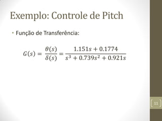 Exemplo: Controle de Pitch
• Função de Transferência:
𝐺 𝑠 =
𝜃(𝑠)
𝛿(𝑠)
=
1.151𝑠 + 0.1774
𝑠3 + 0.739𝑠2 + 0.921𝑠
11
 