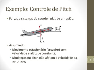 Exemplo: Controle de Pitch
• Forças e sistemas de coordenadas de um avião:
• Assumindo:
• Movimento estacionário (cruzeiro) com
velocidade e altitude constante;
• Mudanças no pitch não afetam a velocidade da
aeronave;
8
 