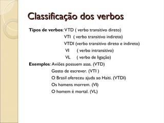 Classificação dos verbos
Classificação dos verbos
Tipos de verbos: VTD ( verbo transitivo direto)
VTI ( verbo transitivo indireto)
VTDI (verbo transitivo direto e indireto)
VI ( verbo intransitivo)
VL ( verbo de ligação)
Exemplos: Aviões possuem asas. (VTD)
Gosto de escrever. (VTI )
O Brasil ofereceu ajuda ao Haiti. (VTDI)
Os homens morrem. (VI)
O homem é mortal. (VL)
 