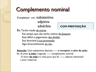 Complemento nominal
Complemento nominal
Completam um: substantivo
adjetivo
advérbio COM PREPOSIÇÃO
Ex: Tenho medo da morte.
Faz tempo que não tenho notícia de Joaquim.
Está difícil o pagamento das dívidas.
Sou favorável à sua promoção.
Agiu favoravelmente ao réu.
Atenção: Com substantivo abstrato ----- o receptor, o alvo da ação.
Ex: O amor à mãe é sagrado. ----- complemento nominal
O amor de mãe é o mais puro que há. ------ adjunto adnominal
( amor materno)
 