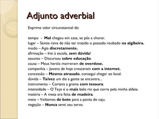 Adjunto adverbial
Adjunto adverbial
Exprime valor circunstancial de:
tempo - Mal chegou em casa, se pôs a chorar.
lugar – Sentia raiva de não ter trazido o passado roubado na algibeira.
modo – Agia discretamente.
afirmação – Irei à escola, sem dúvida!
assunto – Discursou sobre educação.
causa – Meus heróis morreram de overdose.
companhia – Jovens de hoje cresceram com a internet.
concessão – Mesmo atrasado, consegui chegar ao local.
dúvida – Talvez um dia a gente se encontra...
instrumento – Cortava a grama com tesoura.
intensidade – O Tejo é o mais belo rio que corre pela minha aldeia.
matéria – A mesa era feita de madeira.
meio – Voltamos de bote para a ponta do caju.
negação – Nunca serei seu servo.
 