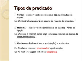 Tipos de predicado
Tipos de predicado
1- Verbal – núcleo = verbo que denota a ação praticada pelo
sujeito.
Ex: O ministro[ anunciará um pacote de reajuste de impostos.]
2- Nominal – núcleo = nome (predicativo do sujeito) –Verbo de
ligação
Ex: O acesso à internet banda larga [está cada vez mais ao alcance da
classe média urbana].
3- Verbo-nominal – núcleos = verbo(ação) + predicativo.
Ex: Os alunos cantaram emocionados aquela canção.
Ex: As mulheres julgam os homens insensíveis.
 