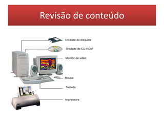 Revisão de conteúdoUm computador é divido em três partesUnidades de entradaUnidade central de processamentoUnidades de saída 
