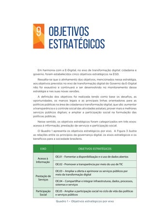 OBJETIVOS
ESTRATÉGICOS
Em harmonia com a E-Digital, no eixo de transformação digital: cidadania e
governo, foram estabelecidos cinco objetivos estratégicos na EGD.
Ressalta-se que o alinhamento dos objetivos, mencionados nessa estratégia,
aos objetivos previstos no eixo de transformação digital do Governo da E-Digital
não foi exaustivo e continuará a ser desenvolvido no monitoramento dessa
estratégia e nas suas novas versões.
A definição dos objetivos foi realizada tendo como base os desafios, as
oportunidades, os marcos legais e as principais linhas orientadoras para as
políticas públicas na área de cidadania e transformação digital, que são: aumentar
a transparência e o controle social das atividades estatais; prover mais e melhores
serviços públicos digitais; e ampliar a participação social na formulação das
políticas públicas.
Nesse sentido, os objetivos estratégicos foram categorizados em três eixos:
acesso à informação, prestação de serviços e participação social.
O Quadro 1 apresenta os objetivos estratégicos por eixo. A Figura 3 ilustra
as relações entre os princípios da governança digital, os eixos estratégicos e os
benefícios para a sociedade brasileira.
EIXO OBJETIVOS ESTRATÉGICOS
Acesso à
Informação
OE.01 - Fomentar a disponibilização e o uso de dados abertos
OE.02 - Promover a transparência por meio do uso de TIC
Prestação de
Serviços
OE.03 – Ampliar a oferta e aprimorar os serviços públicos por
meio da transformação digital
OE.04 – Compartilhar e integrar infraestruturas, dados, processos,
sistemas e serviços
Participação
Social
OE.05 - Ampliar a participação social no ciclo de vida das políticas
e serviços públicos
Quadro 1 – Objetivos estratégicos por eixo
9
 