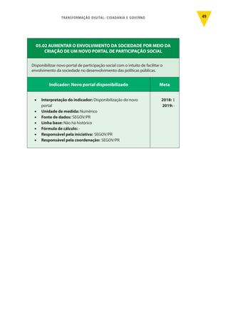 TRANSFORMAÇÃO DIGITAL: CIDADANIA E GOVERNO 49
05.02 AUMENTAR O ENVOLVIMENTO DA SOCIEDADE POR MEIO DA
CRIAÇÃO DE UM NOVO PORTAL DE PARTICIPAÇÃO SOCIAL
Disponibilizar novo portal de participação social com o intuito de facilitar o
envolvimento da sociedade no desenvolvimento das políticas públicas.
Indicador: Novo portal disponibilizado Meta
•	 Interpretação do indicador: Disponibilização do novo
portal
•	 Unidade de medida: Numérico
•	 Fonte de dados: SEGOV/PR
•	 Linha base: Não há histórico
•	 Fórmula de cálculo: -
•	 Responsável pela iniciativa: SEGOV/PR
•	 Responsável pela coordenação: SEGOV/PR
2018: 1
2019: -
 
