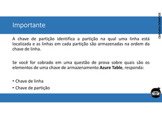 Corporativo | Interno
EDUARDO
POPOVICI
EDUARDO
POPOVICI
Importante
A chave de partição identifica a partição na qual uma linha está
localizada e as linhas em cada partição são armazenadas na ordem da
chave de linha.
Se você for cobrado em uma questão de prova sobre quais são os
elementos de uma chave de armazenamento Azure Table, responda:
• Chave de linha
• Chave de partição
 